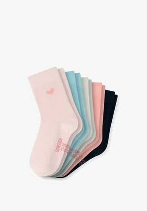 Set of seven cotton socks in pastel colors: pink, blue, grey, and navy. Each features ribbed texture and subtle heart detail on the pink sock.