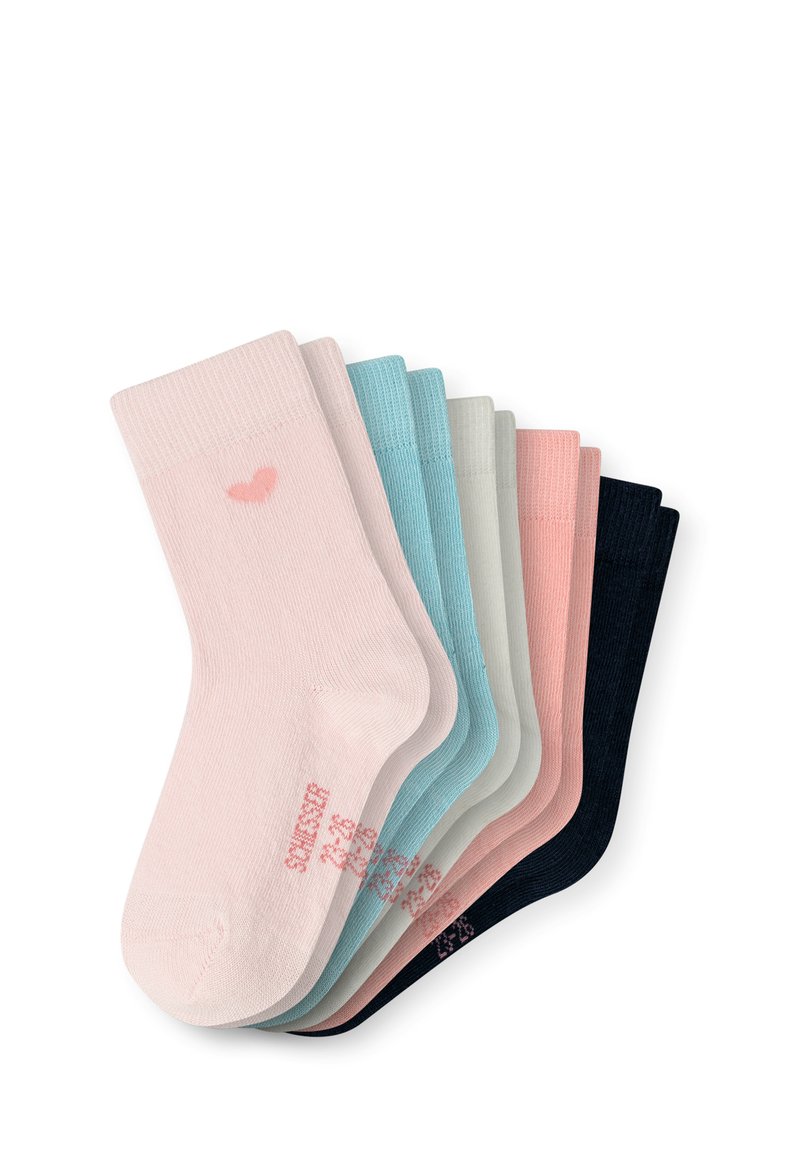 Set aus sieben Baumwollsocken in Pastellfarben: Rosa, Blau, Grau und Marine. Jede Socke hat eine gerippte Textur und ein dezentes Herzen-Detail auf der rosa Socke.