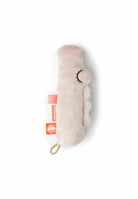Pink plush toy in a rectangular shape with a smiling black stitched face. Features a gold loop and tags with "100% friendly" and an elephant logo.