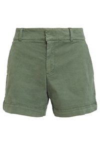 Olivově zelené šortky s hladkou texturou, mají plochý pas, poutka na opasek a ohrnuté lemování. Jednoduchý design bez viditelných vzorů.