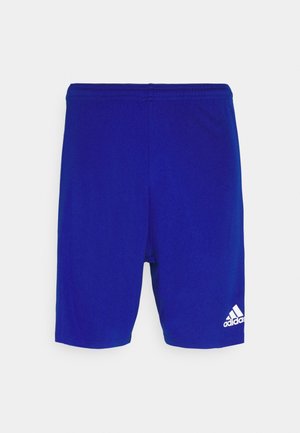 Shorts de sport bleus avec taille élastique et logo Adidas blanc sur la partie inférieure gauche de la jambe, présentés à plat sur un fond blanc.