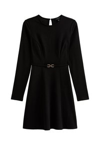 Zwarte A-lijn jurk met lange mouwen, een ronde halslijn en een smalle riem met gouden gespsluiting in de taille.