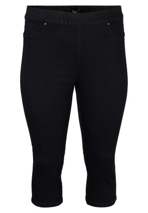 Black, knee-length leggings made of stretchy fabric. Features a wide elastic waistband and front pockets with small metal accents.