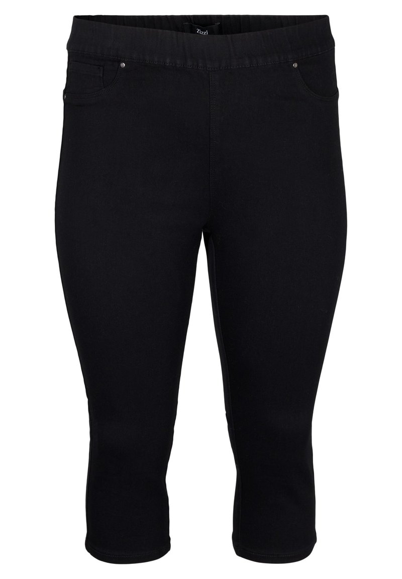 Svarta knälånga leggings i elastisk tyg. Har ett brett elastiskt midjeband och framfickor med små metallaccenter.