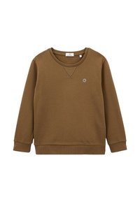 Sweatshirt brun en tissu doux, avec un col rond, des manches longues, des bords-côtes aux poignets et un petit logo sur la poitrine.