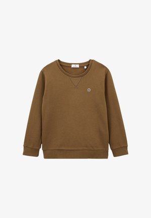 Sweatshirt brun en tissu doux, avec un col rond, des manches longues, des bords-côtes aux poignets et un petit logo sur la poitrine.