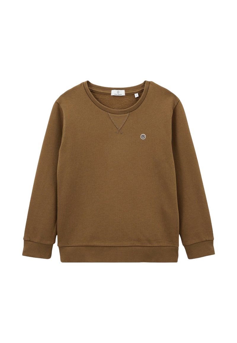 Sweatshirt brun en tissu doux, avec un col rond, des manches longues, des bords-côtes aux poignets et un petit logo sur la poitrine.