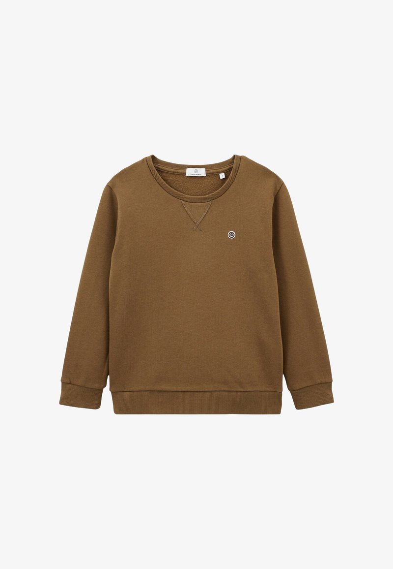 Sweatshirt brun en tissu doux, avec un col rond, des manches longues, des bords-côtes aux poignets et un petit logo sur la poitrine.