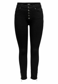 Jeans skinny negros de cintura alta con cinco botones en la parte delantera, acentos de cremallera en el tobillo y textura de mezclilla clásica.