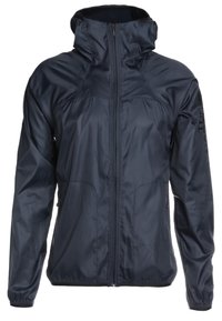 Veste légère à capuche bleu foncé avec fermeture éclair devant et manches longues, vue de face sur fond blanc.