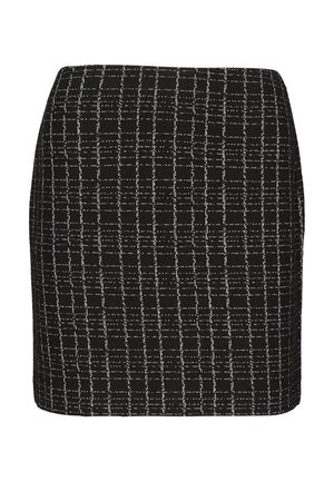 Black and white checkered skirt with a fitted design, made of textured fabric, featuring a straight shape and subtle patterns.