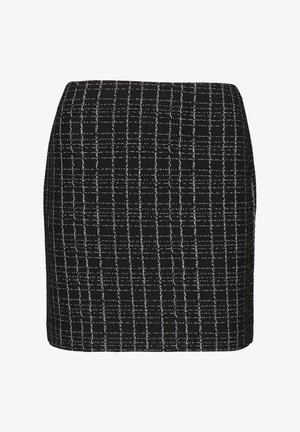 Black and white checkered skirt with a fitted design, made of textured fabric, featuring a straight shape and subtle patterns.