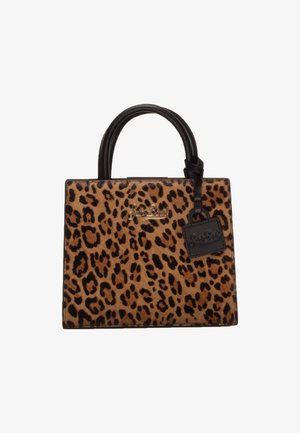 Tasche im Leopardenmuster mit strukturiertem Design, schwarzledernen Akzenten und Logo-Platte. Beinhaltet kurze, runde Griffe.