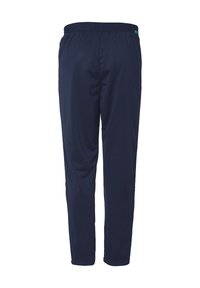 Marineblauwe sportbroek gemaakt van lichtgewicht stof, met een elastische tailleband en een taps toelopend ontwerp. Geen zichtbare patronen of accenten.