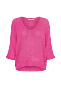 Rosa stickad pullover med V-ringning, breda trekvartslånga ärmar och en loose fit. Texturerad mönster med ribbad nederkant.