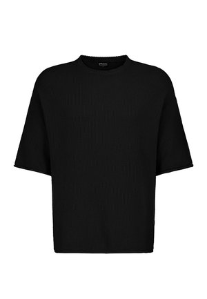 Schwarzer kurzärmeliger Strickpullover mit Rundhalsausschnitt und geripptem Muster, von vorne auf weißem Hintergrund dargestellt.