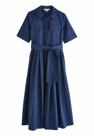 Navy blue midi dress with short sleeves, collar, two chest pockets, and a matching fabric belt tied at the waist.