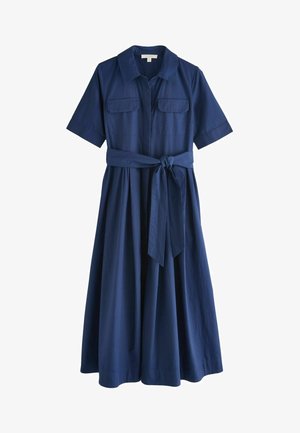 Navy blue midi dress with short sleeves, collar, two chest pockets, and a matching fabric belt tied at the waist.