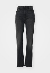 High-waisted black denim jeans featuring a straight leg cut, subtle fading, five pockets, and a button closure.