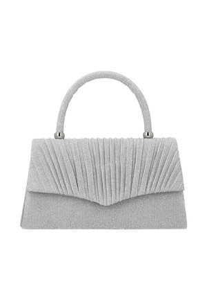 Zilverkleurige glinsterende avondhandtas met geplooide klep en korte, afgeronde handgreep tegen een witte achtergrond.