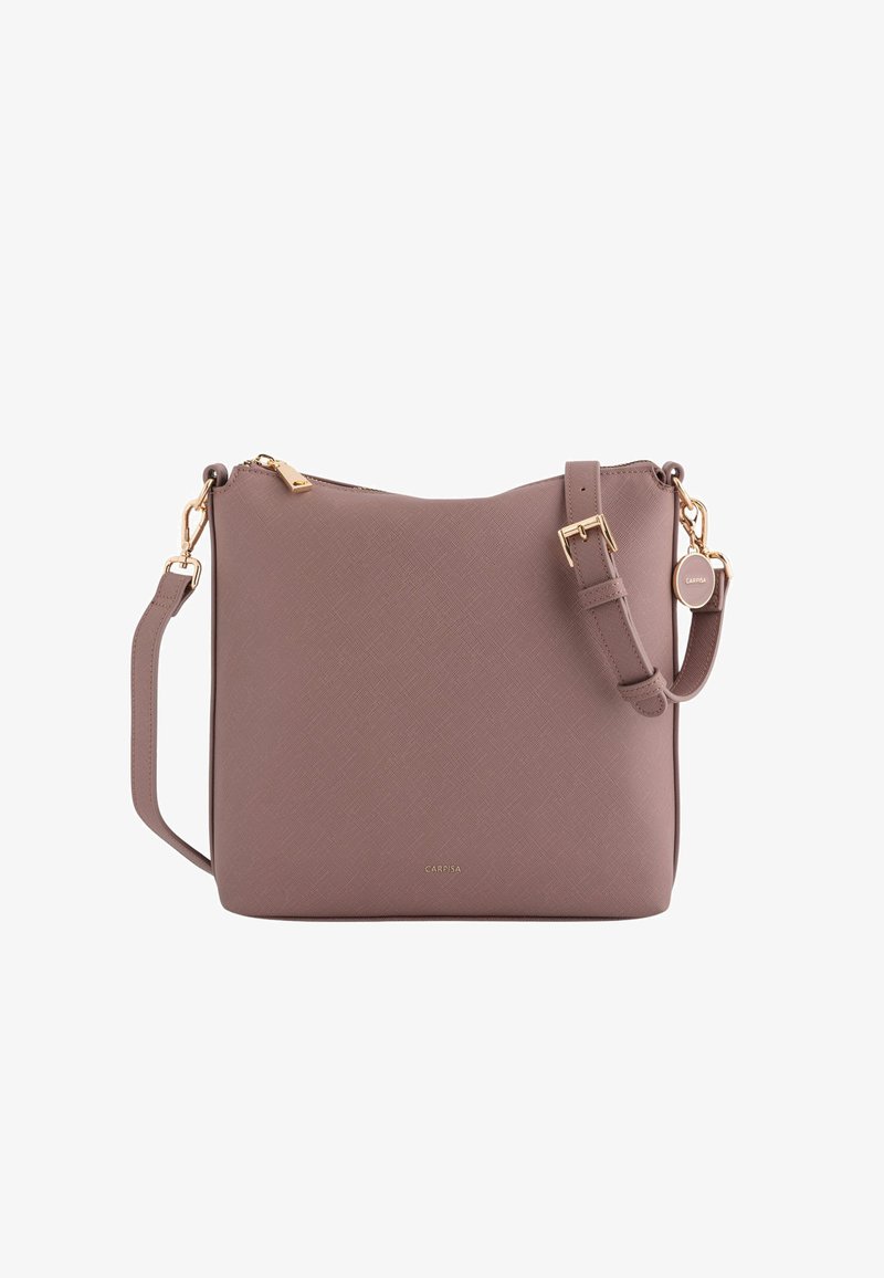 Mellemstor skuldertaske i mauve tekstureret syntetisk materiale. Udstyret med hardware i guld tone, justerbar rem og prægning af logo-detalje.
