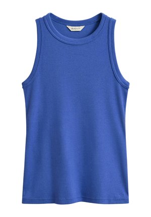 Débardeur bleu en maille côtelée sans manches avec encolure ronde et petite étiquette logo GANT à l'intérieur du col.