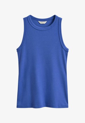 Mouwloze blauwe tanktop van geribbelde stof met ronde halslijn en een klein GANT-logo label aan de binnenkant van de kraag.