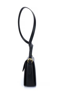 Black leather handbag with a sleek, structured design. Features a long shoulder strap and gold-toned hardware accents. Smooth texture.
