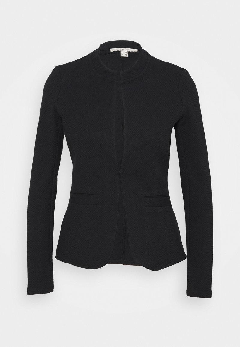 Schwarzer taillierter Blazer mit rundem Ausschnitt, strukturiertem Stoff und zwei vorderen Taschen. Mit verdecktem Reißverschluss und langen Ärmeln.