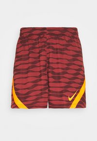 Rote und burgunderfarbene Shorts mit wellenförmigen Mustern, elastischem Bund und einem gelben Nike-Swoosh-Akzent an der Seite. Leichter Stoff.