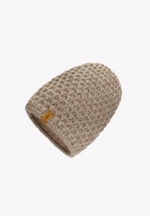 Beige gebreide muts met een textuurpatroon, voorzien van een zachte binnenvoering en een klein bruine leren logo-label aan de zijkant.