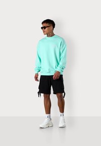 Mint green sweatshirt with ribbed cuffs, round neck, and small embroidered logo; paired with black cargo shorts and white sneakers.