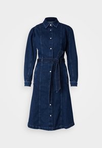 Jeansklänning med långa puffy ärmar, krage, framknappar, midjeband och sidofickor, i en mörkblå färg.