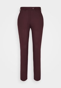 Burgundowe spodnie dopasowane z gładkim wykończeniem, prostymi nogawkami, szlufkami na pasek i zapięciem na guzik z przodu. Bez widocznych kieszeni.