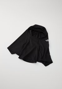 Sort, kortærmet sports top med hætte, lavet af let, textured stof og med et logo trykt på brystet.