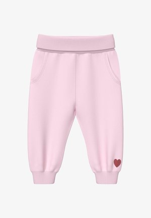 Hellrosa Sweatpants für Kleinkinder mit elastischem Bund und Bündchen, Seitentaschen und einem kleinen roten Herz am linken Bein nahe dem Knöchel.
