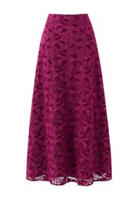 Jupe midi en dentelle magenta à motif floral, tissu texturé, large ceinture, silhouette évasée et ourlet festonné.