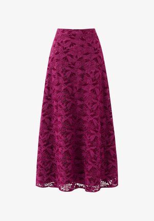 Magenta midi-rok van kant met bloemmotief, gestructureerde stof, brede tailleband, uitlopende silhouet en een geschulpte zoom.