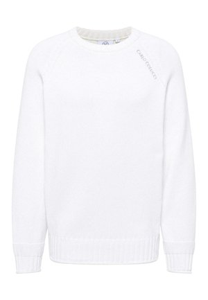White knitted sweater with a round neckline, ribbed cuffs, and hem. Features subtle branding on the left shoulder and a soft texture.