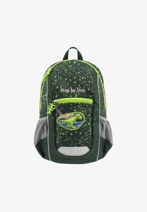 Grüner Rucksack mit einem geometrischen Punktmuster. Verfügt über graue Akzente, ein Dinosaurier-Abzeichen und einen leuchtend grünen Reißverschluss. Mehrere Fächer.