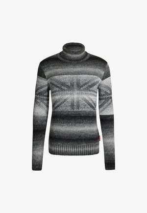 Szary i czarny golf z gradientowym wzorem, z fakturowanym wzorem na klatce piersiowej i długimi rękawami. Ryflowane mankiety i dół.