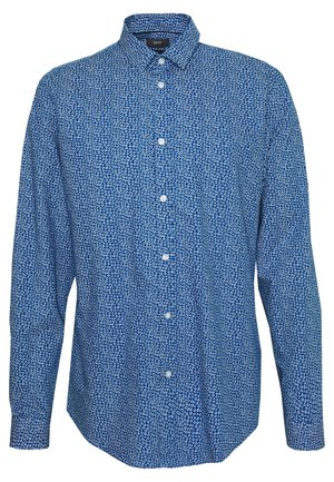Blaues langärmliges Hemd mit Knöpfen, weißem kleinem Blumenmuster und klassischem Kragen.