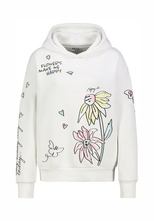 White hoodie with pastel pink and yellow flower sketches, small hearts, butterfly, and text "Flowers make me happy" and "Enjoy it."