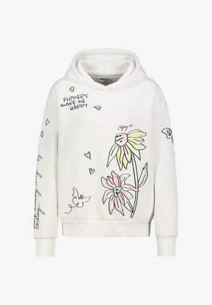 White hoodie with pastel pink and yellow flower sketches, small hearts, butterfly, and text "Flowers make me happy" and "Enjoy it."