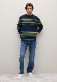 Marineblauer Strickpullover mit mehrfarbigen Streifen in Grün, Gelb und Blau. Kombiniert mit hellblauen Jeans und weißen Turnschuhen. Steht vor einem neutralen Hintergrund.