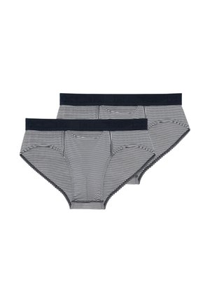Due paia di slip da uomo con righe orizzontali bianche e nere e fascia elastica nera in vita.