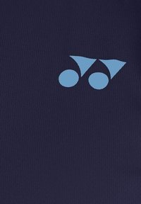 Navy blue fabric featuring a smooth, textured surface with a light blue logo of overlapping circles and triangular shapes.
