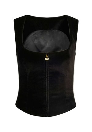 Černý sametový korzet se čtvercovým výstřihem, předním zipem s zlatým kováním a hladkým vnitřním podšíváním s jemným vzorem.