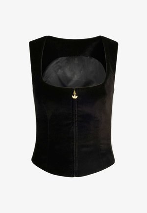 Sort fløjlscorset med firkantet udskæring, frontlynlås med guldhardware og en glat indvendig foring med et subtilt mønster.