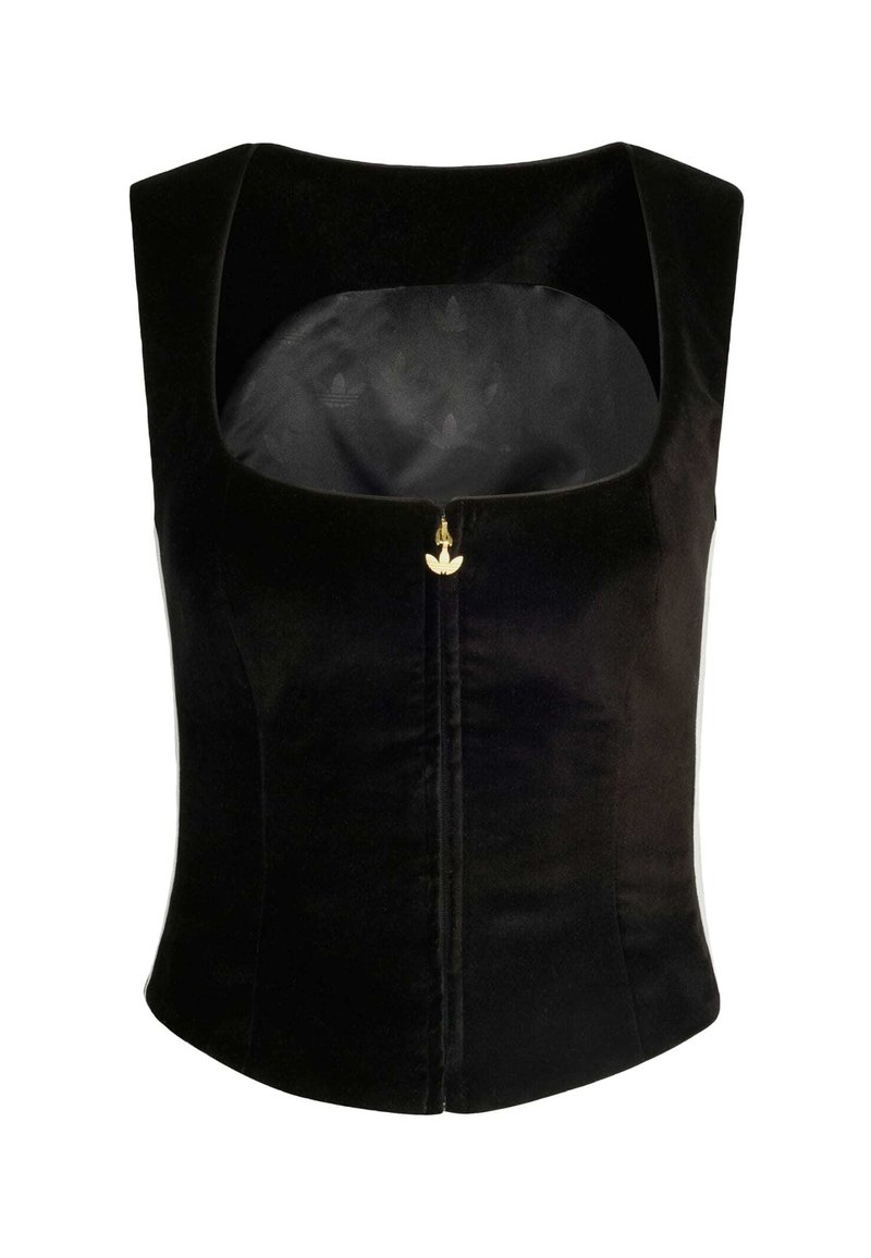 Zwarte fluwelen korsett met een vierkante halslijn, voorrits met gouden hardware en een gladde binnenvoering met een subtiel patroon.